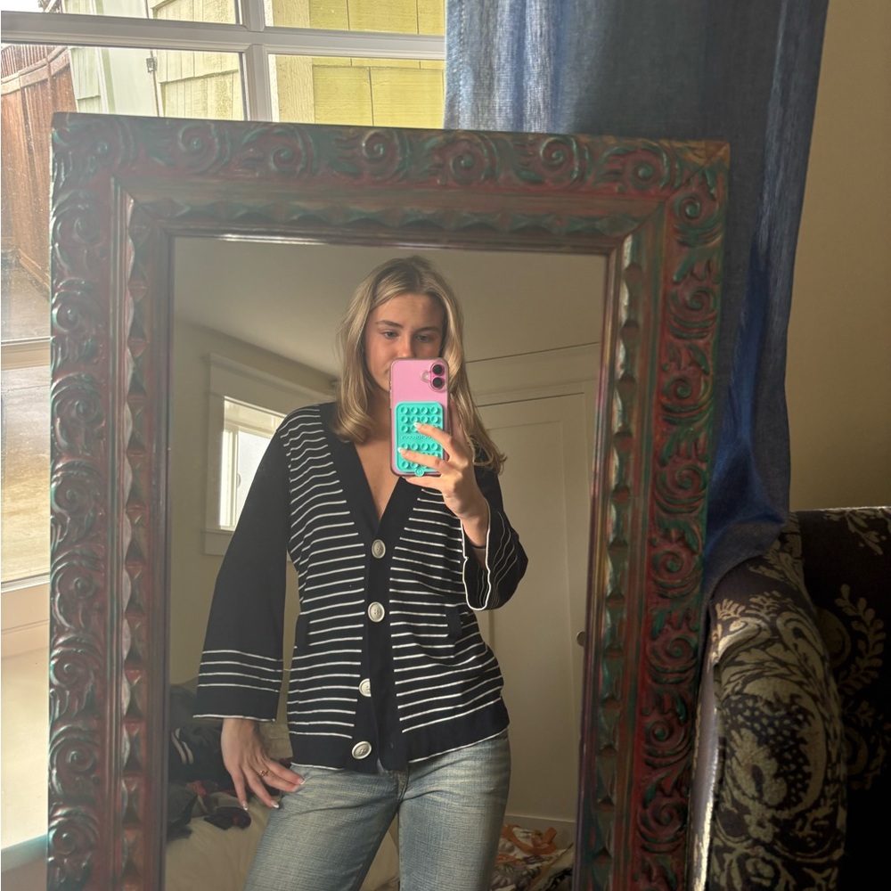 Anne Klein Navy and White Striped Cardigan